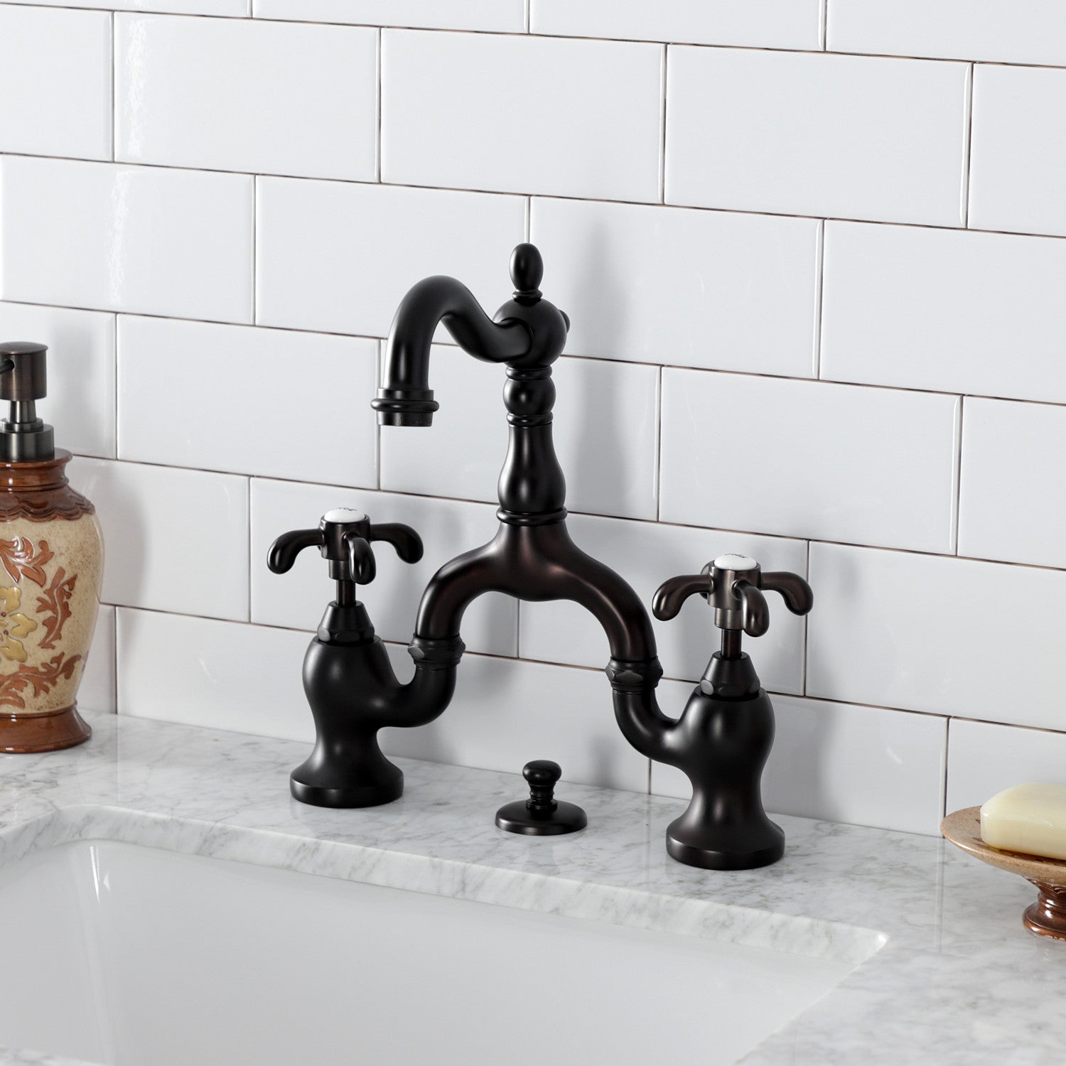 Kingston Heirloom KS7975TX - French Country Two-Handle 3-Hole Deck Mount Bridge Bathroom Faucet with Brass Pop-Up, Oil Rubbed Bronze — thumbnail 2